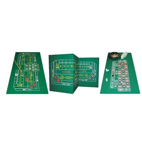 Three green craps and roulette gaming tables on a white background