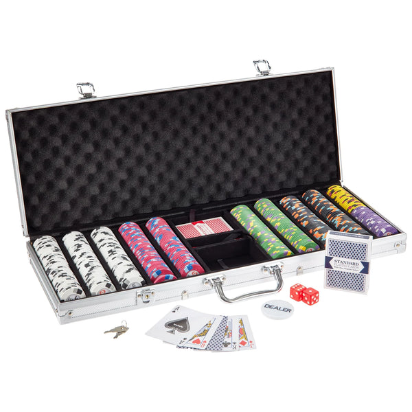 Phoenix Card Room clay poker set with chips, cards, and dice 500 chip count in aluminum case.