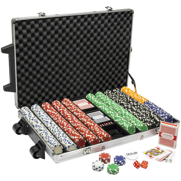 Striped Dice Poker Chip Set. 1000 count enrolling aluminum case.