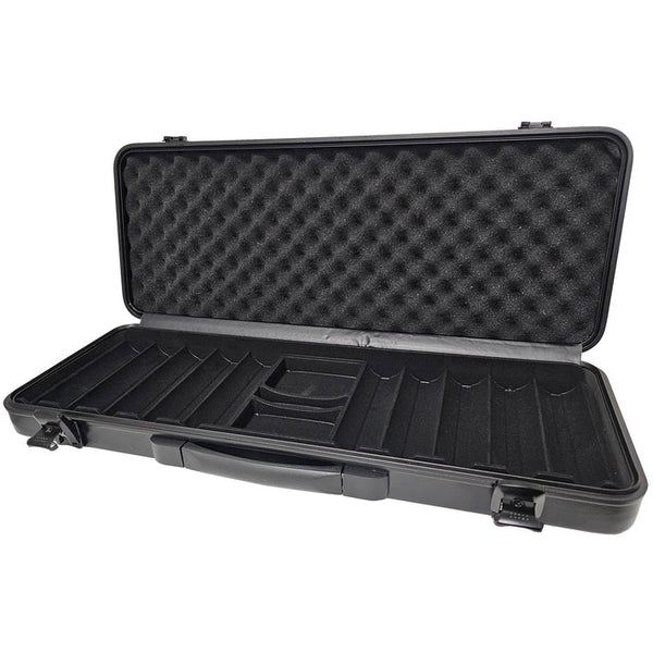 Black poker case with foam lining that holds 43mm size poker chips on a white background