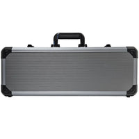 Silver and black rectangular deluxe aluminum poker case with a handle on a white background