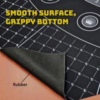 Blackjack neoprene layout mat showing 'Smooth Surface, Grippy Bottom' with a close-up of a textured surface and bottom rubber layer.