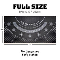 Blackjack neoprene table layout with dimensions and player capacity information.