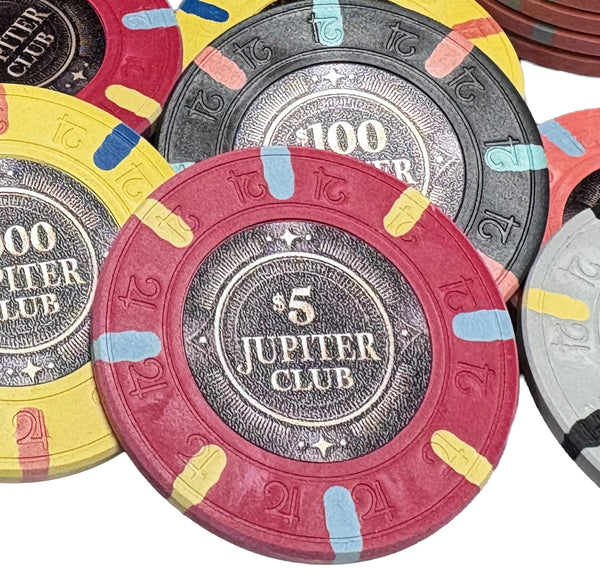 43mm size clay poker chip with 'Jupiter Club' branding on a white background in a pile.