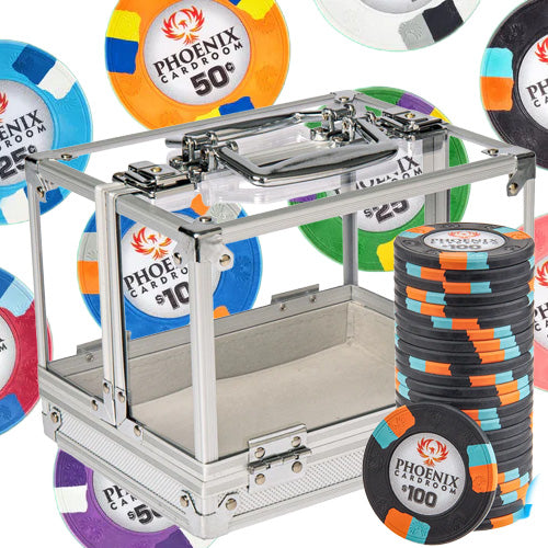 600 capacity Poker chip carrier with Phoenix Cardroom poker chips on a white background