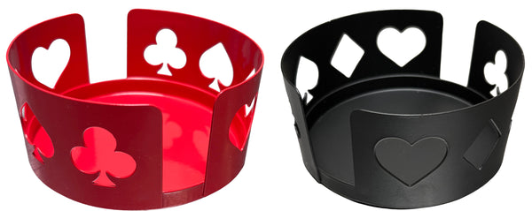 Poker-themed drink coaster holders available in red and black