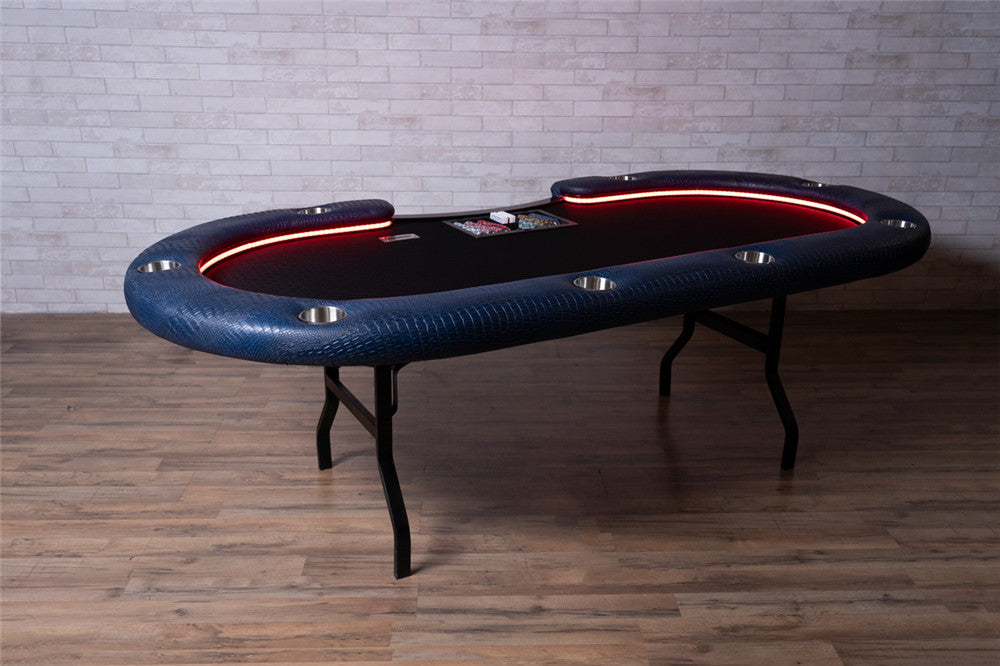 The Aces Pro Alpha Custom Poker Table, SAH Folding Legs, Dealer Tray, Wild Croc Sapphire Premium Vinyl Armrest, Stainless Steel Cupholders, and Black Suited Speed Cloth Playing Surface.
