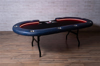 The Aces Pro Alpha Custom Poker Table, SAH Folding Legs, Dealer Tray, Wild Croc Sapphire Premium Vinyl Armrest, Stainless Steel Cupholders, and Black Suited Speed Cloth Playing Surface.