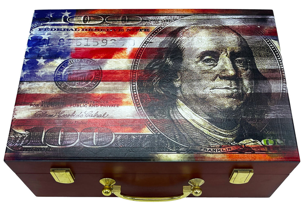 Dead Presidents - Premium 500 Capacity Mahogany Wood Poker Chips Case - Front View