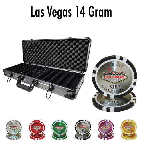 Poker chip set with a case and Las Vegas-themed chips on a white background