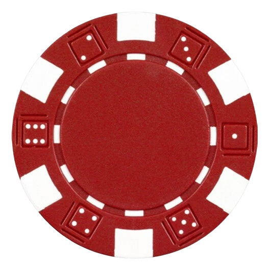 Red striped dice poker chip with white accents on a white background.