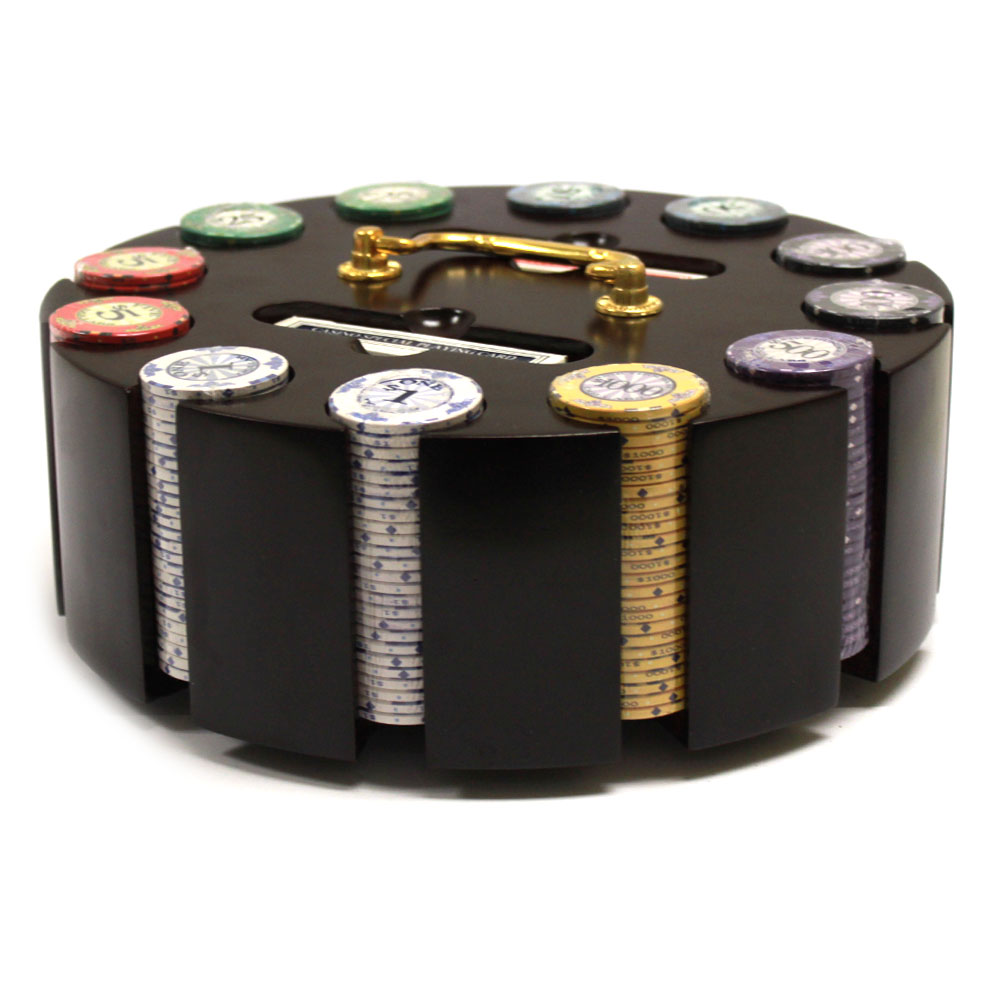 Scroll 10 Gram Ceramic Poker Chips in Wood Carousel 300 Ct. Poker