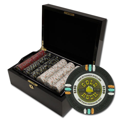 Gold Rush 13.5 Gram Clay Poker Chips in Wood Black Mahogany Case - 500 Ct.