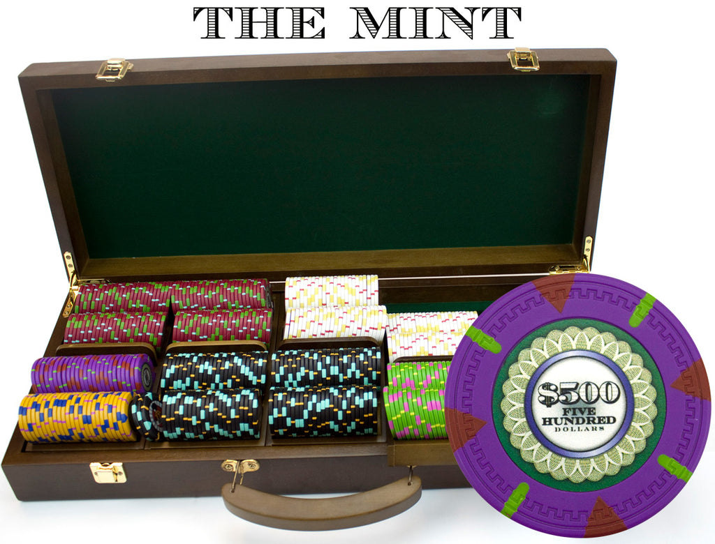 The Mint 13.5 Gram Clay Poker Chips in Wood Walnut Case - 500 Ct.