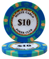 Monte Carlo 14 Gramm Pokerchips aus Ton in einem Holz-Walnuss-Etui – 500 Stück.