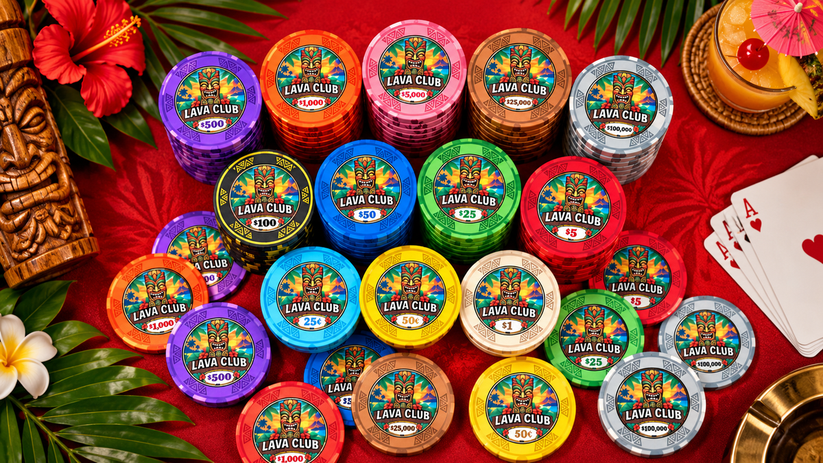 Lava Club ceramic poker chips on tropical poker table