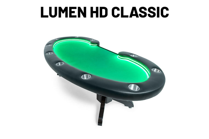 Lumen HD Poker Table With Heritage Style Legs, Stainless Steel Cupholders. and Green Velveteen Surface.
