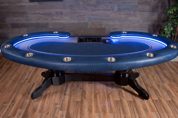 The Lumen HD Poker Table With Mahogany Napa Style Legs, Premium Vinyl Armrest, Dealer Tray, Stainless Steel Cupholders. and Custom Printed Velveteen Playing Surface