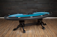 The Lumen HD Poker Table With Black Heritage Style Legs, Premium Black Wild Croc Vinyl Armrest, Dealer Tray, Stainless Steel Cupholders. and Custom Printed Velveteen Playing Surface