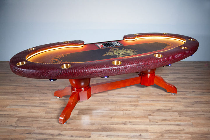 The Lumen HD Poker Table With Mahogany Napa Style Legs, Premium Wild Croc Sapphire Vinyl Armrest, Dealer Tray, Brass Cupholders. Mounted USB Smart Chargers, and Custom Printed Velveteen Playing Surface