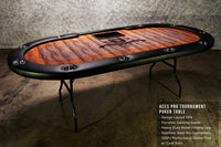 The Aces Pro Tournament Custom Poker Table With Standard Black Vinyl Armrest, Stainless Steel Cupholders, Dealer Tray, and Custom Printed Playing Surface Cool Wood Print