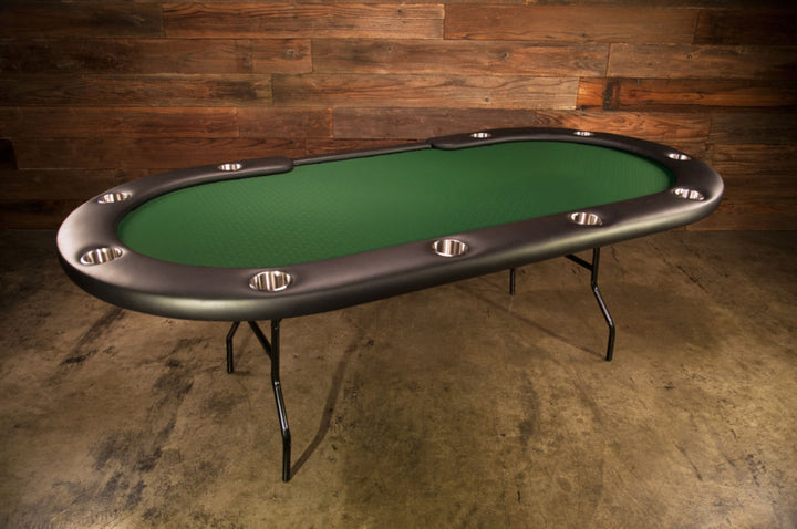 The Aces Pro Tournament Custom Poker Table With Standard Black Vinyl Armrest, Stainless Steel Cupholders, and Green Suited Speed Cloth Playing Surface