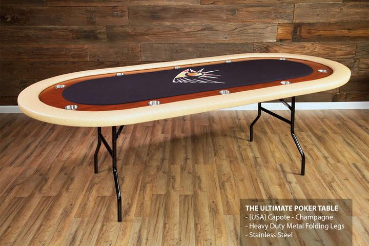 The Ultimate Custom Poker Table With White Exotic Vinyl Armrest, Stainless Steel Cupholders, and Custom Printed Playing Surface