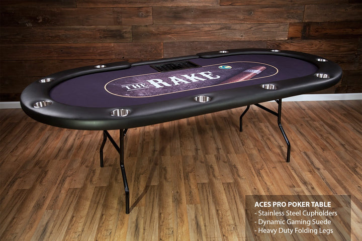 The Aces Pro Tournament Custom Poker Table With Standard Black Vinyl Armrest, Stainless Steel Cupholders, Dealer Tray, and Custom Printed Playing Surface The Rake