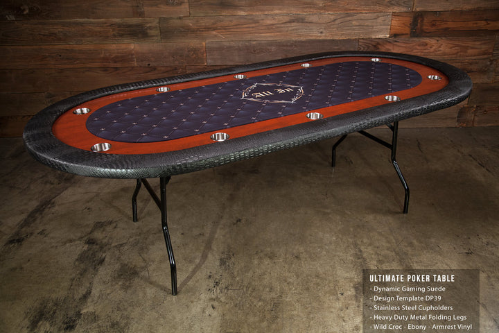 The Ultimate Custom Poker Table With Exotic Wild Croc Vinyl Armrest, Stainless Steel Cupholders, and Custom Printed Playing Surface All In Design