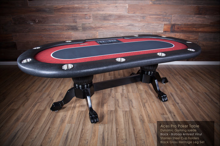 The Aces Pro Tournament Custom Poker Table With Black Gloss Heritage Legs, Exotic Vinyl Armrest, Stainless Steel Cupholders, Dealer Tray, and Custom Printed Playing Surface