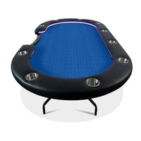 Aces Pro Alpha poker table with blue suited speed cloth playing surface and black vinyl armrest.