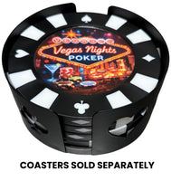 Poker-themed drink coaster holder with coasters inside - black