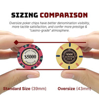 Comparison of standard and oversize poker chips held between two hands.