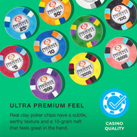 Colorful Phoenix Casino clay poker chips on a green background with text about their premium feel.