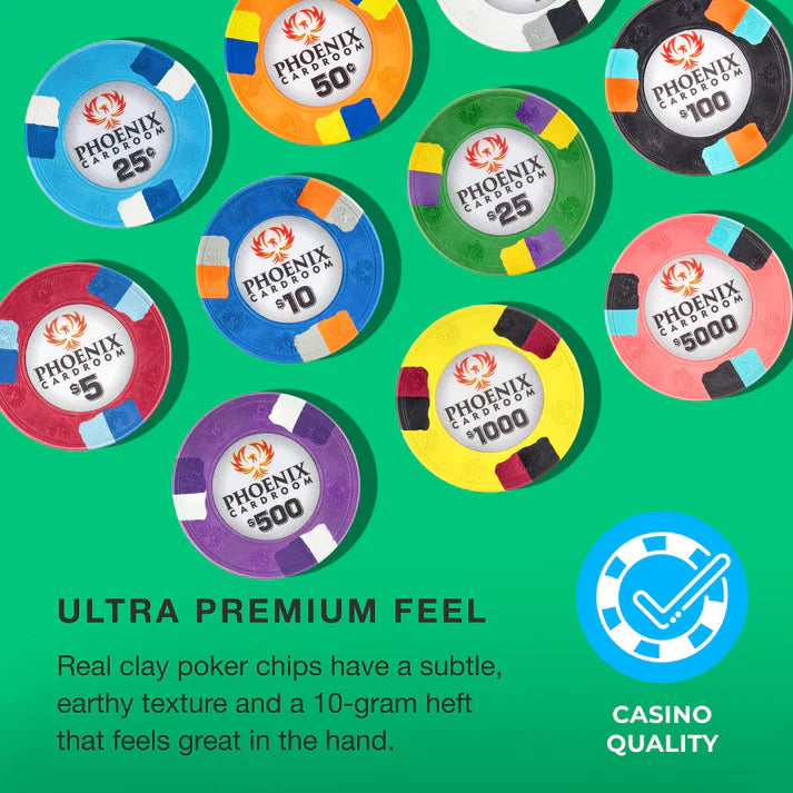 Colorful Phoenix Casino clay poker chips on a green background with text about their premium feel.
