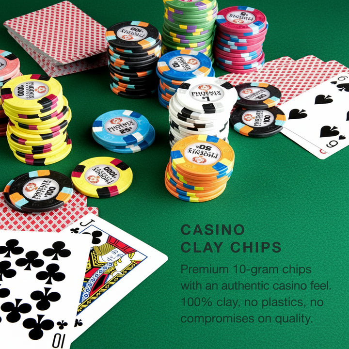 Phoenix casino clay chips and playing cards on a poker table.