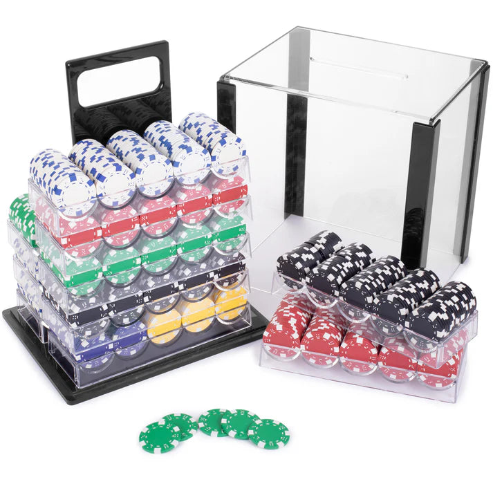 Striped dice poker chips, 1000 count in acrylic carrier.