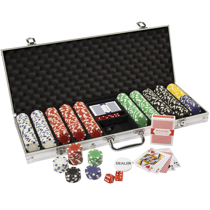 11.5g Striped Dice Poker Chip Set. 500 chip count in aluminum case.