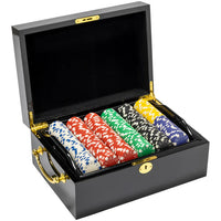 11.5 gram striped dice poker chip sets in black mahogany wood case. 500 chip count.