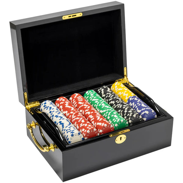 11.5 gram striped dice poker chip sets in black mahogany wood case. 500 chip count.