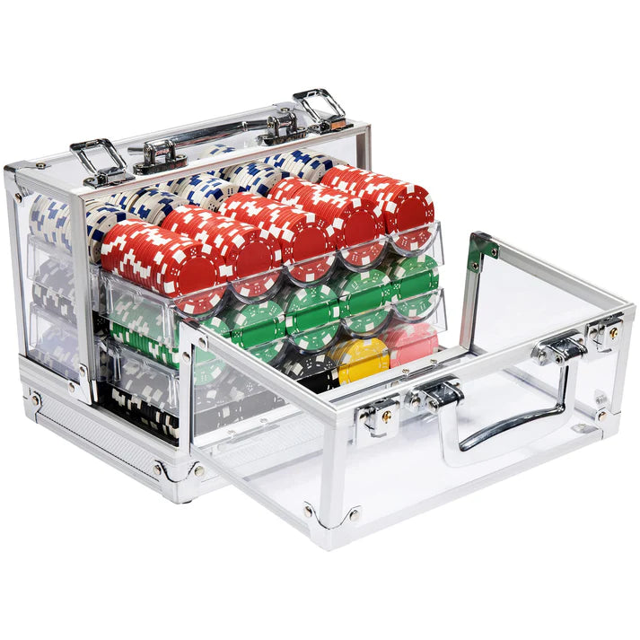 11.5g Striped Dice Poker Chip Set. 600 chip count in clear acrylic carrier.