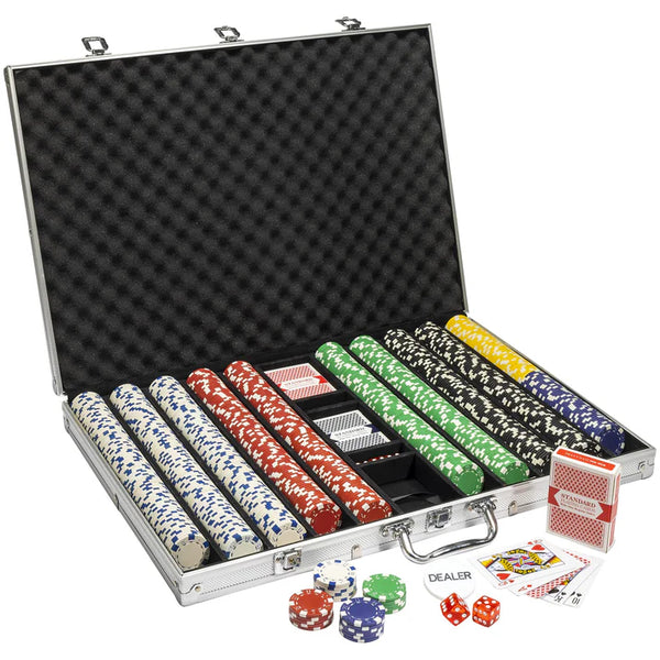 11.5 gram striped dice poker chip set in an aluminum case. 1000 chip count.