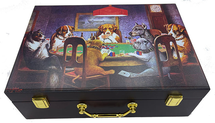 Dogs Playing Poker Wood Poker Case - Front View - 500 Chip Capacity