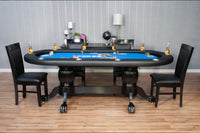 The Elite Custom Poker Table With Black Racetrack, Black Heritage Style Legs, Standard Black Armrest, Stainless Steel Cupholders. and Blue Speed Cloth Playing Surface. Shown With Black Dining Chairs