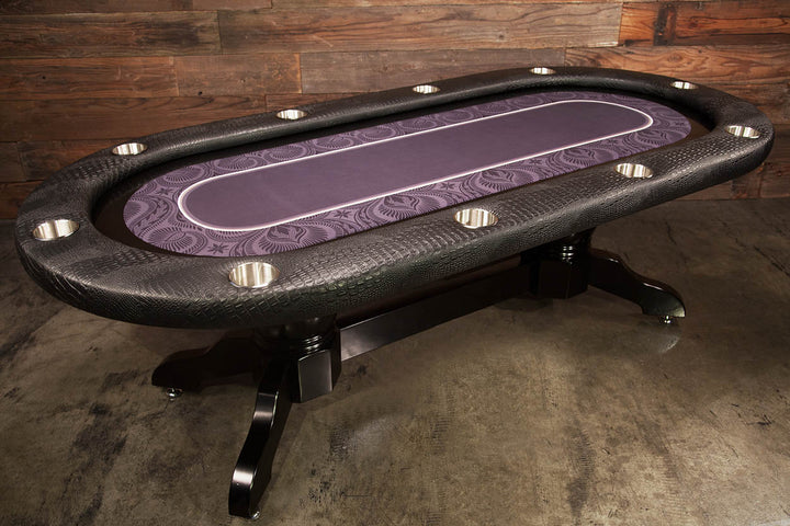 The Elite Custom Poker Table With Black Racetrack, Black Napa Style Legs, Premium Wild Croc Vinyl Armrest, Stainless Steel Cupholders. and Custom Printed Velveteen Playing Surface