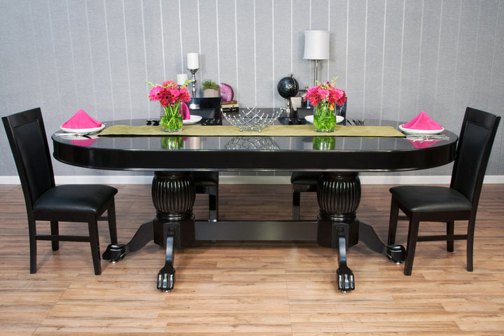 The Elite Custom Poker Table With Black Racetrack, Shown With Black Dining Top and Black Dining Chairs