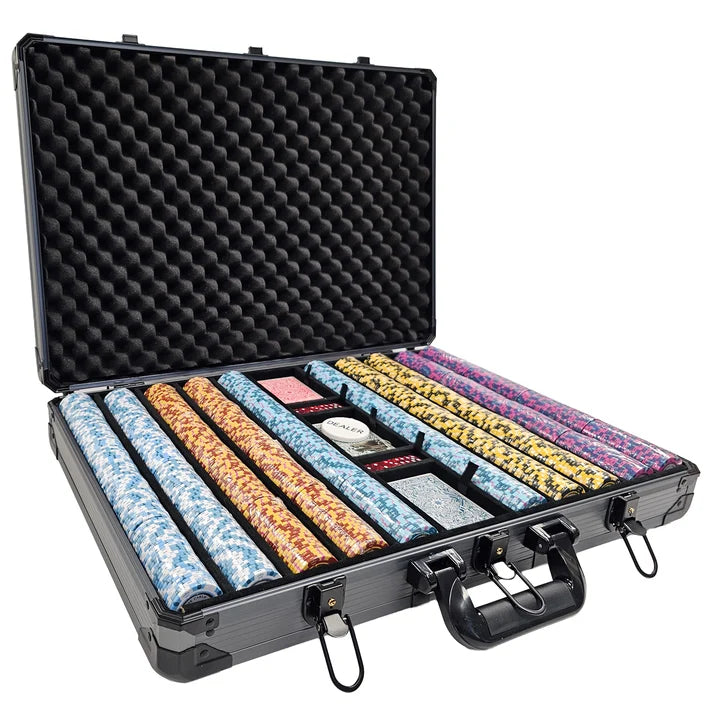 Premium Heavy Duty 1000 Capacity Aluminum Poker Chip Case - open view filled with chips, cards, dice, and dealer button (not included). 