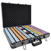 Premium Heavy Duty 1000 Capacity Aluminum Poker Chip Case - open view filled with chips, cards, dice, and dealer button (not included). 