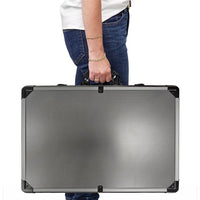 Premium Heavy Duty 1000 Capacity Aluminum Poker Chip Case - shown with a person holding a closed case 