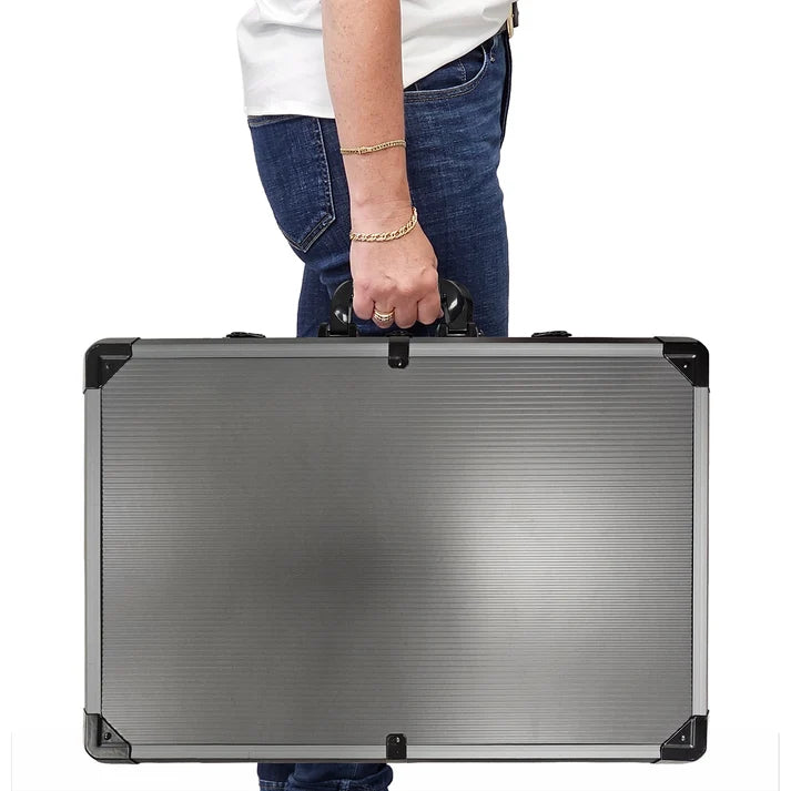 Premium Heavy Duty 1000 Capacity Aluminum Poker Chip Case - shown with a person holding a closed case 